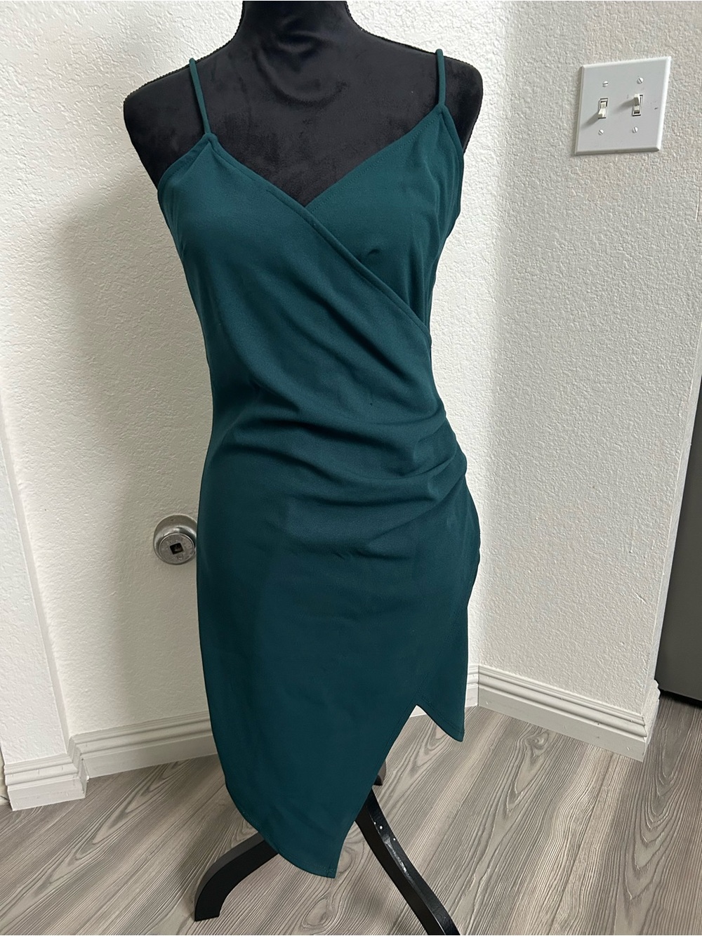 Mind Code Teal Faux-Wrap Spaghetti Strap Midi Dress